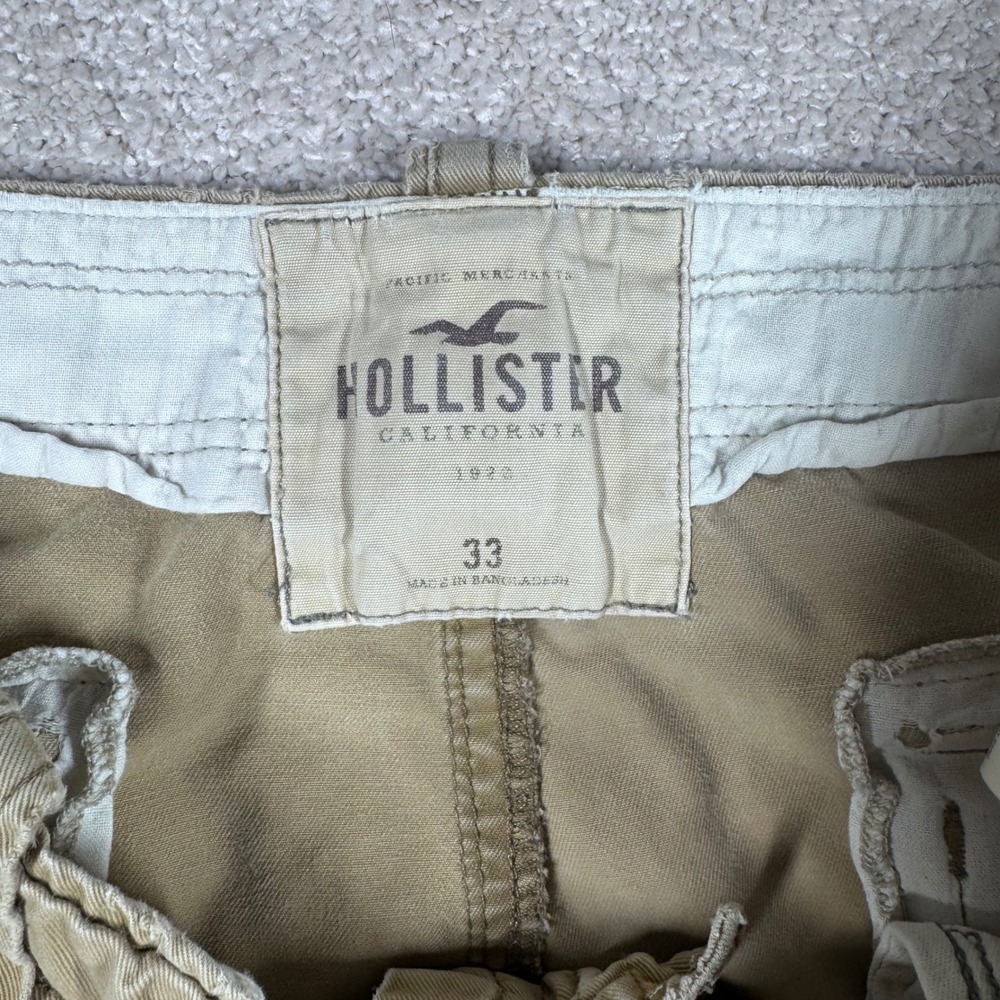 Hollister Mens Tan Khaki Cargo Shorts Size 33 Distressed Frayed Cotton Twill - Picture 2 of 10
